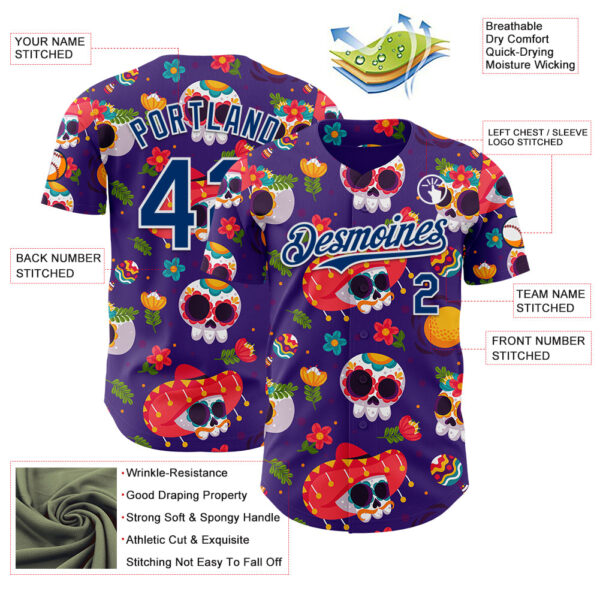 Custom Purple US Navy Blue-White Sugar Skull Day of the Dead Mexican Folk Art Authentic Baseball Jersey