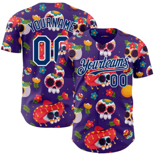 Custom Purple US Navy Blue-White Sugar Skull Day of the Dead Mexican Folk Art Authentic Baseball Jersey