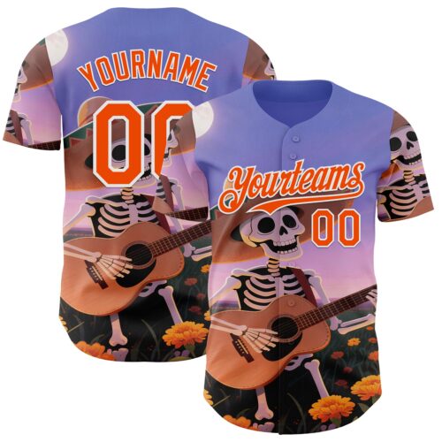 Custom Purple Orange-White Sugar Skull Day of the Dead Mexican Folk Art Authentic Baseball Jersey
