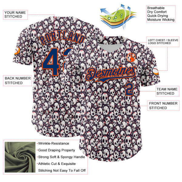 Custom White US Navy Blue-Orange Sugar Skull Day of the Dead Mexican Folk Art Authentic Baseball Jersey