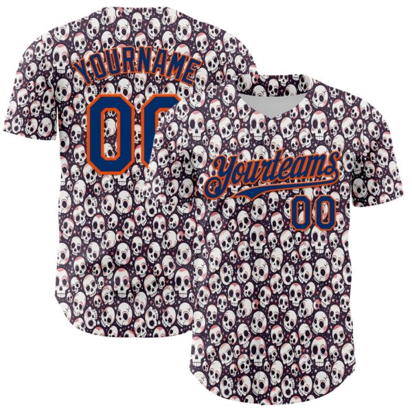 Custom White US Navy Blue-Orange Sugar Skull Day of the Dead Mexican Folk Art Authentic Baseball Jersey