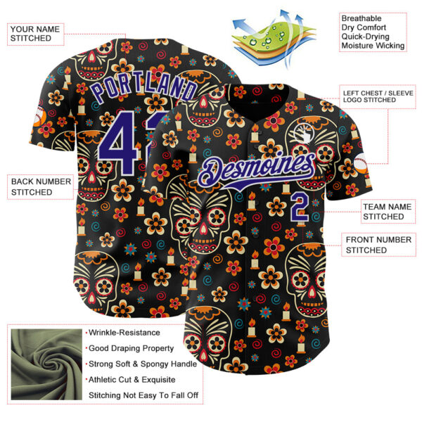 Custom Black Dark Purple-White Sugar Skull Day of the Dead Mexican Folk Art Authentic Baseball Jersey