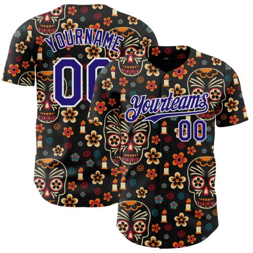 Custom Black Dark Purple-White Sugar Skull Day of the Dead Mexican Folk Art Authentic Baseball Jersey