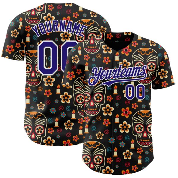 Custom Black Dark Purple-White Sugar Skull Day of the Dead Mexican Folk Art Authentic Baseball Jersey
