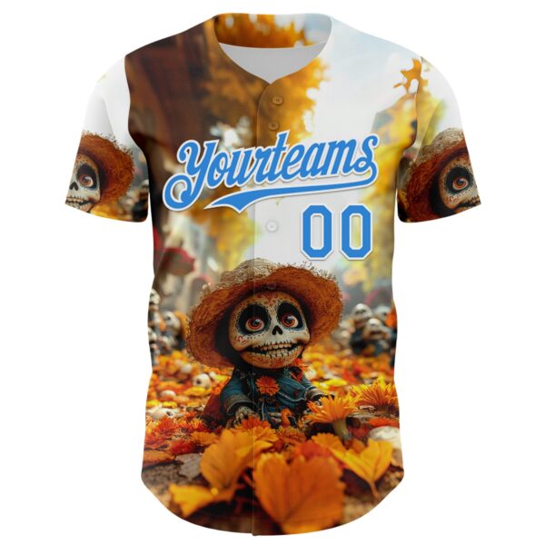 Custom White Electric Blue Sugar Skull Day of the Dead Mexican Folk Art Authentic Baseball Jersey