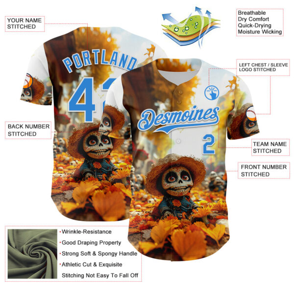 Custom White Electric Blue Sugar Skull Day of the Dead Mexican Folk Art Authentic Baseball Jersey