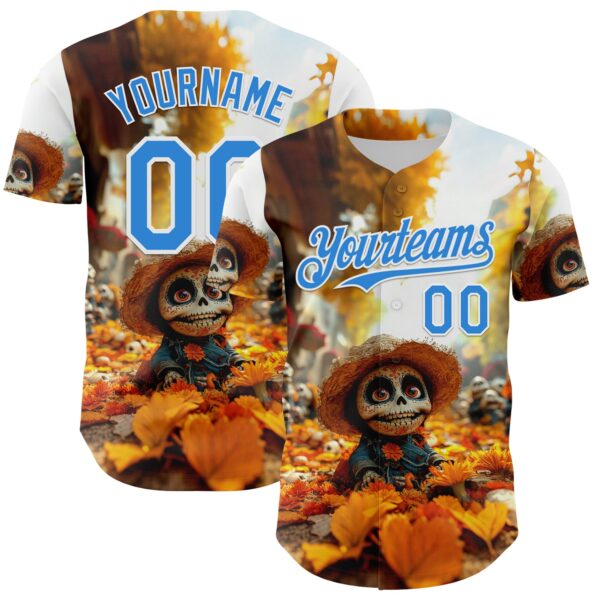 Custom White Electric Blue Sugar Skull Day of the Dead Mexican Folk Art Authentic Baseball Jersey