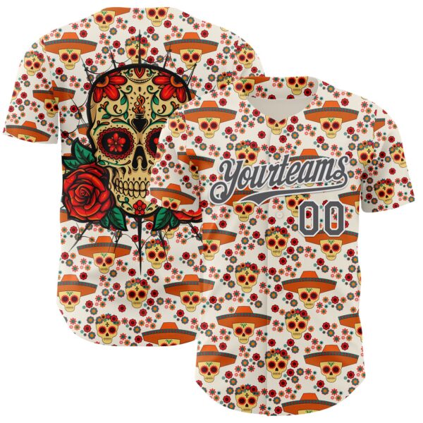 Custom Cream Steel Gray-White Sugar Skull Day of the Dead Mexican Folk Art Authentic Baseball Jersey
