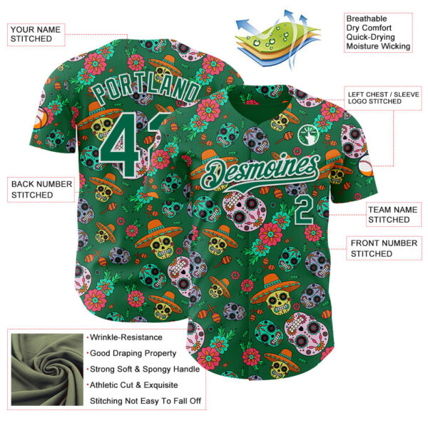 Custom Kelly Green White Sugar Skull Day of the Dead Mexican Folk Art Authentic Baseball Jersey