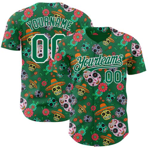 Custom Kelly Green White Sugar Skull Day of the Dead Mexican Folk Art Authentic Baseball Jersey