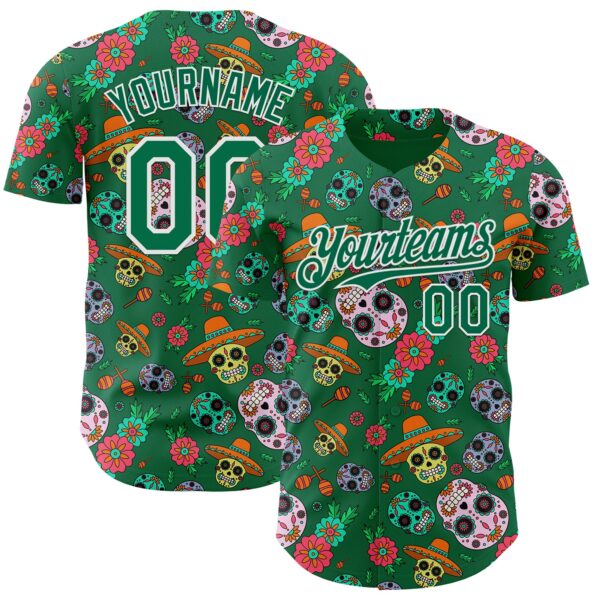Custom Kelly Green White Sugar Skull Day of the Dead Mexican Folk Art Authentic Baseball Jersey