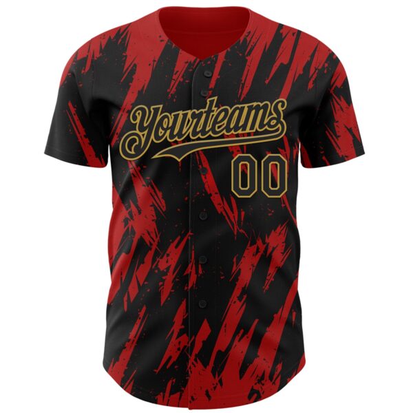 Custom Black Old Gold-Red Splatter Torn Sharp Brush Stroke Authentic Baseball Jersey