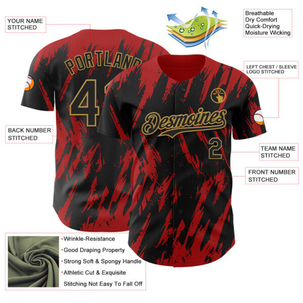 Custom Black Old Gold-Red Splatter Torn Sharp Brush Stroke Authentic Baseball Jersey