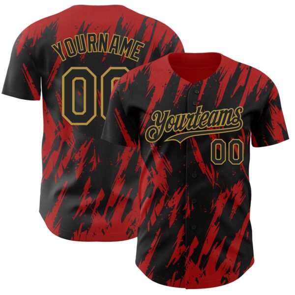 Custom Black Old Gold-Red Splatter Torn Sharp Brush Stroke Authentic Baseball Jersey