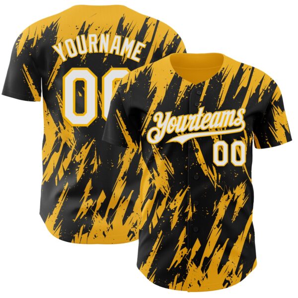 Custom Black White-Gold Splatter Torn Sharp Brush Stroke Authentic Baseball Jersey