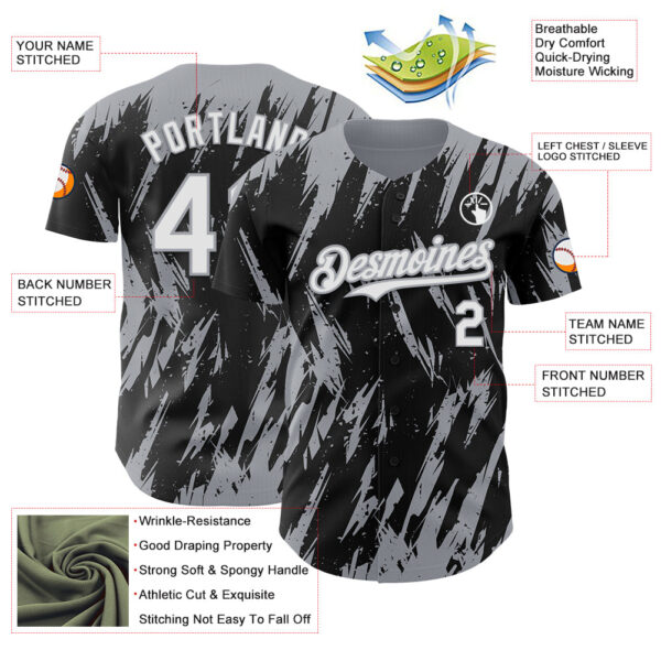 Custom Black White-Gray Splatter Torn Sharp Brush Stroke Authentic Baseball Jersey