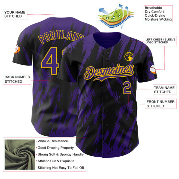 Custom Black Purple-Yellow Splatter Torn Sharp Brush Stroke Authentic Baseball Jersey