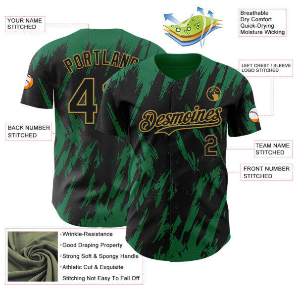 Custom Black Old Gold-Kelly Green Splatter Torn Sharp Brush Stroke Authentic Baseball Jersey