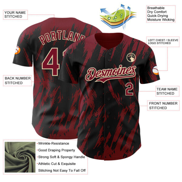 Custom Black Crimson-Cream Splatter Torn Sharp Brush Stroke Authentic Baseball Jersey