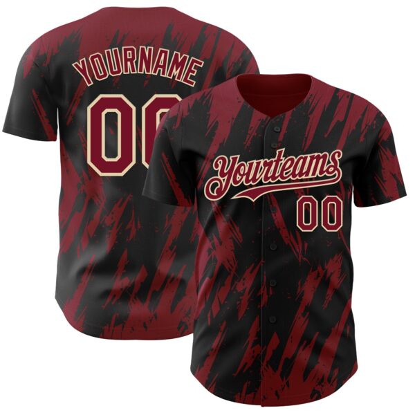 Custom Black Crimson-Cream Splatter Torn Sharp Brush Stroke Authentic Baseball Jersey