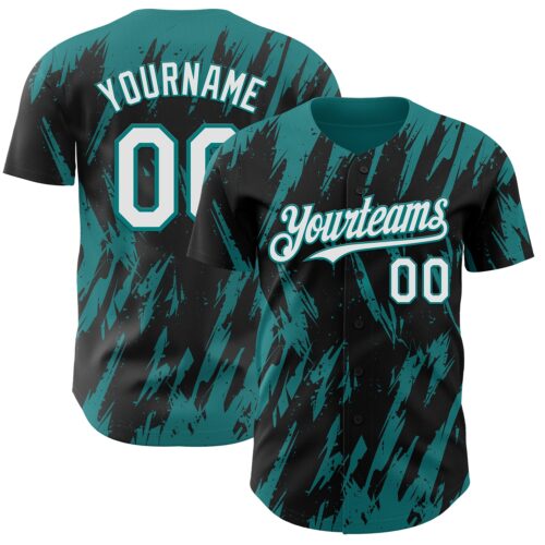 Custom Black White-Teal Splatter Torn Sharp Brush Stroke Authentic Baseball Jersey