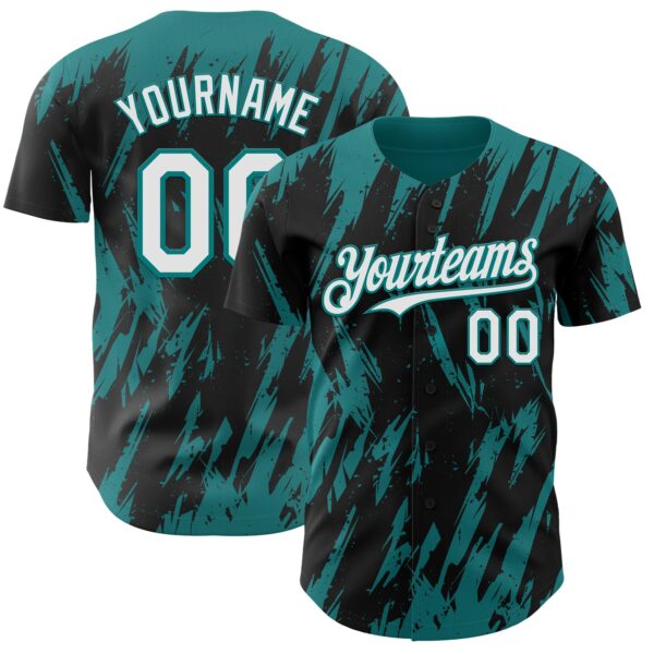 Custom Black White-Teal Splatter Torn Sharp Brush Stroke Authentic Baseball Jersey