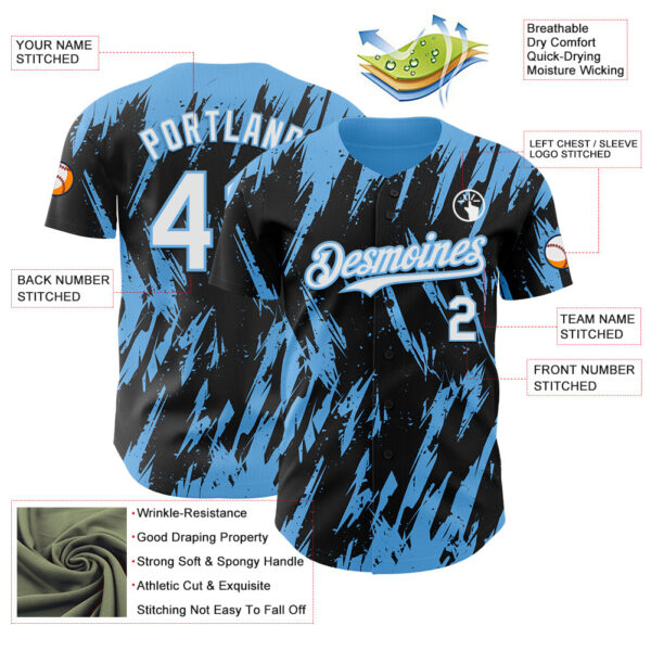 Custom Black White-Sky Blue Splatter Torn Sharp Brush Stroke Authentic Baseball Jersey