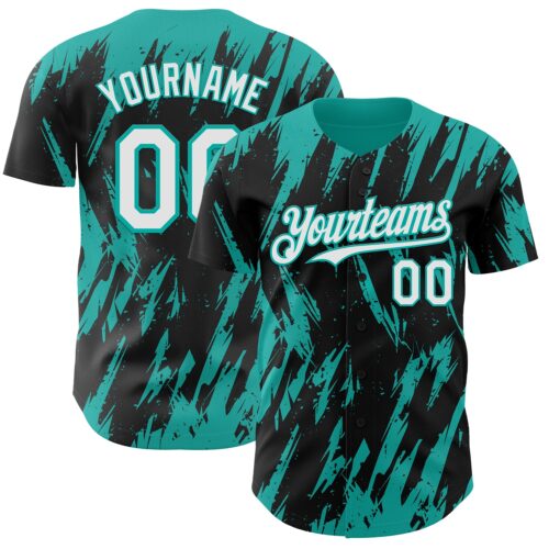 Custom Black White-Aqua Splatter Torn Sharp Brush Stroke Authentic Baseball Jersey