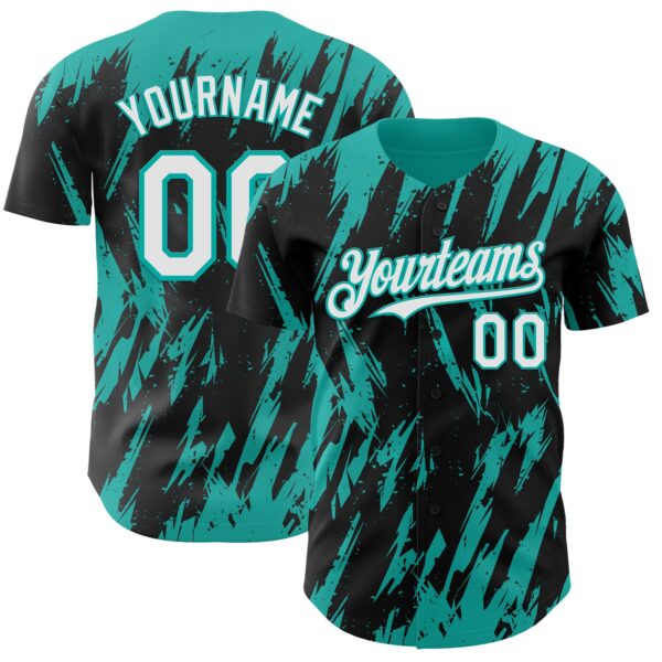 Custom Black White-Aqua Splatter Torn Sharp Brush Stroke Authentic Baseball Jersey