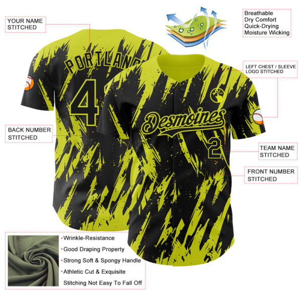 Custom Black Neon Yellow Splatter Torn Sharp Brush Stroke Authentic Baseball Jersey
