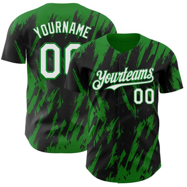 Custom Black White-Grass Green Splatter Torn Sharp Brush Stroke Authentic Baseball Jersey