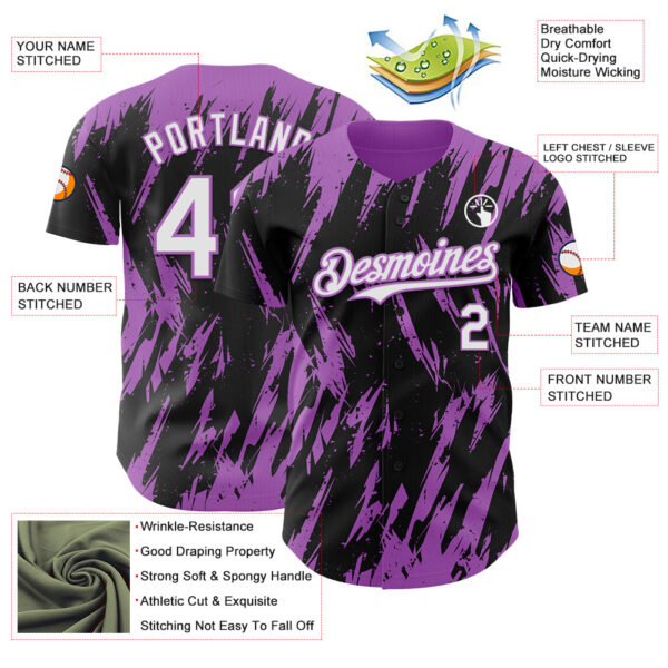 Custom Black White-Medium Purple Splatter Torn Sharp Brush Stroke Authentic Baseball Jersey