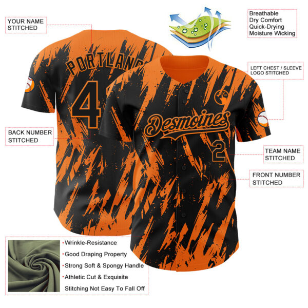 Custom Black Bay Orange Splatter Torn Sharp Brush Stroke Authentic Baseball Jersey