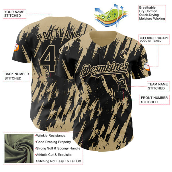 Custom Black Vegas Gold Splatter Torn Sharp Brush Stroke Authentic Baseball Jersey