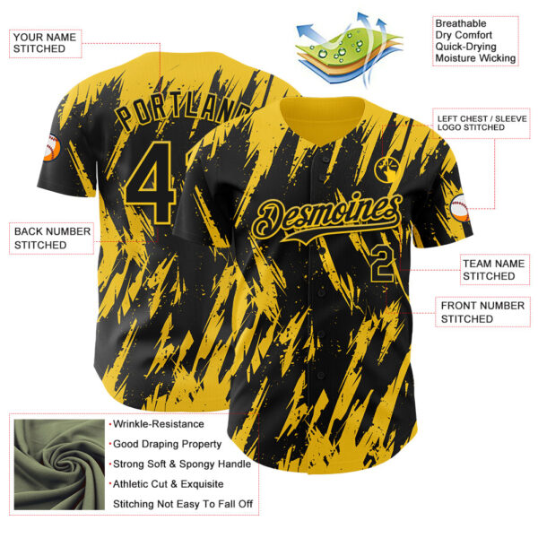 Custom Black Yellow Splatter Torn Sharp Brush Stroke Authentic Baseball Jersey