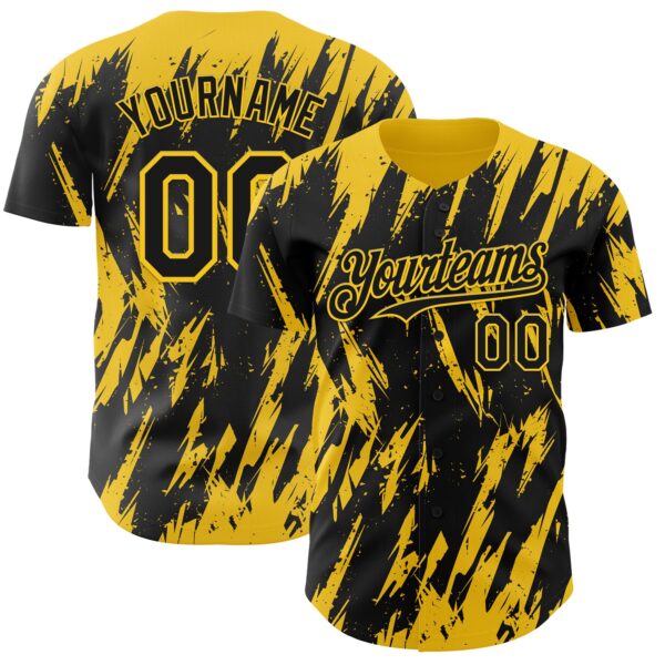 Custom Black Yellow Splatter Torn Sharp Brush Stroke Authentic Baseball Jersey