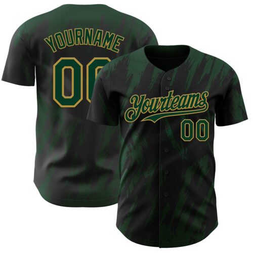 Custom Black Green-Old Gold Splatter Torn Sharp Brush Stroke Authentic Baseball Jersey