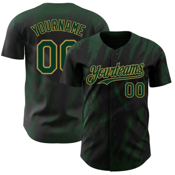 Custom Black Green-Old Gold Splatter Torn Sharp Brush Stroke Authentic Baseball Jersey
