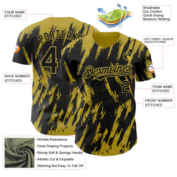 Custom Black Old Gold Splatter Torn Sharp Brush Stroke Authentic Baseball Jersey