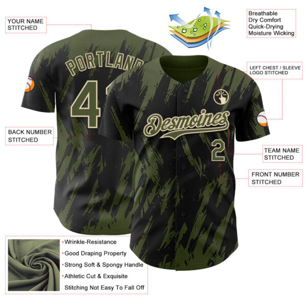 Custom Black Olive-Cream Splatter Torn Sharp Brush Stroke Authentic Baseball Jersey