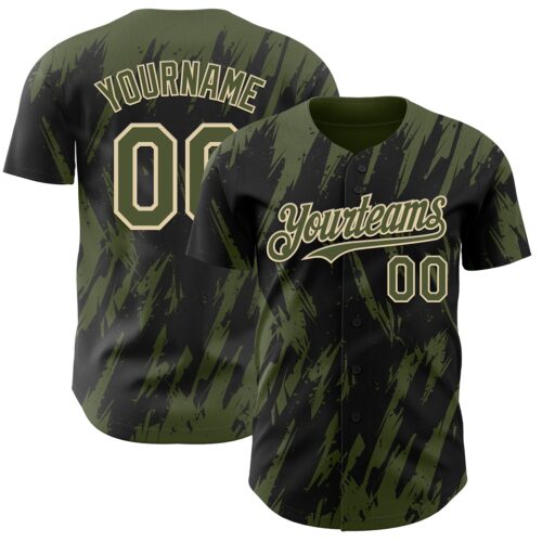 Custom Black Olive-Cream Splatter Torn Sharp Brush Stroke Authentic Baseball Jersey
