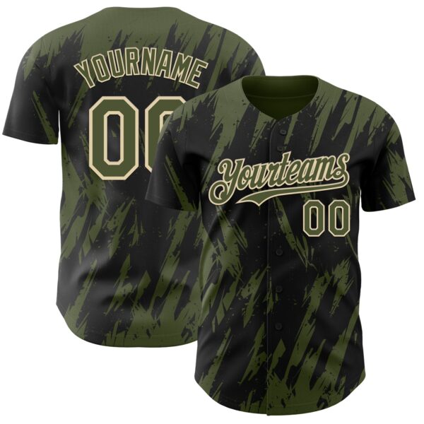 Custom Black Olive-Cream Splatter Torn Sharp Brush Stroke Authentic Baseball Jersey