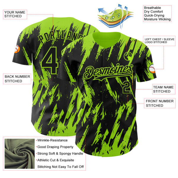 Custom Black Neon Green Splatter Torn Sharp Brush Stroke Authentic Baseball Jersey