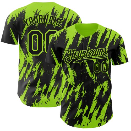 Custom Black Neon Green Splatter Torn Sharp Brush Stroke Authentic Baseball Jersey