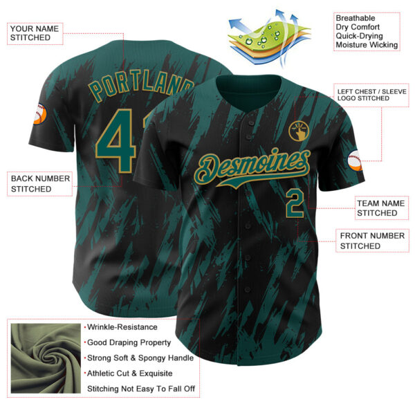 Custom Black Midnight Green-Old Gold Splatter Torn Sharp Brush Stroke Authentic Baseball Jersey