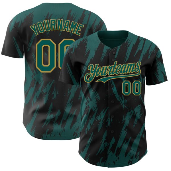 Custom Black Midnight Green-Old Gold Splatter Torn Sharp Brush Stroke Authentic Baseball Jersey