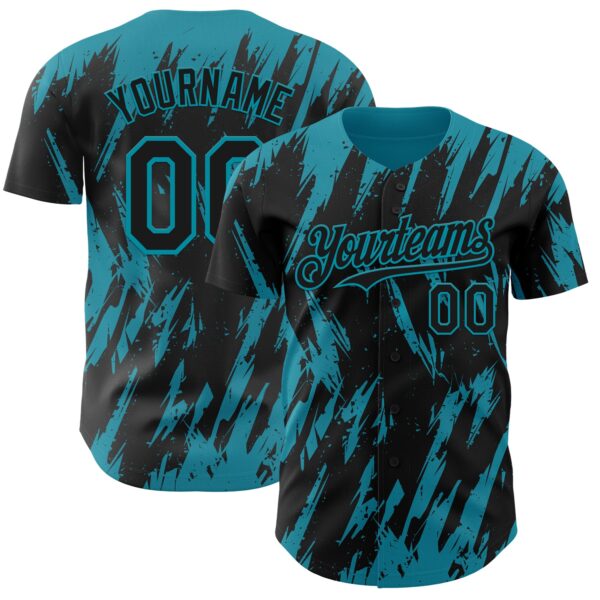 Custom Black Teal Splatter Torn Sharp Brush Stroke Authentic Baseball Jersey