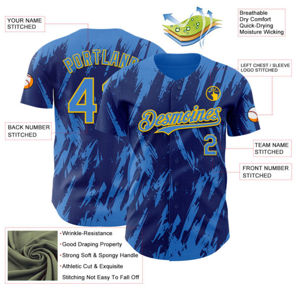Custom Royal Powder Blue-Yellow Splatter Torn Sharp Brush Stroke Authentic Baseball Jersey