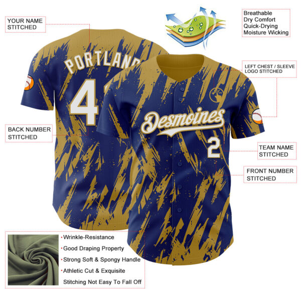 Custom Royal White-Old Gold Splatter Torn Sharp Brush Stroke Authentic Baseball Jersey