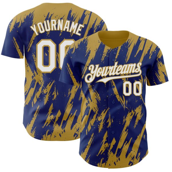 Custom Royal White-Old Gold Splatter Torn Sharp Brush Stroke Authentic Baseball Jersey